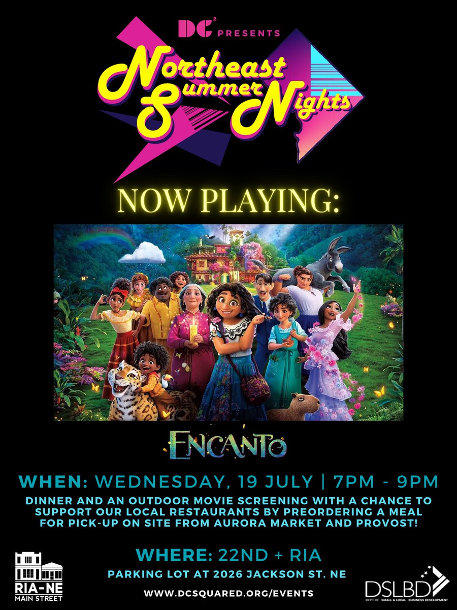 #northeastsummernights #nsn2023
Encanto in #Woodridge!!! Wednesday, 7-19. Special menus available for pickup on site $25 @AuroraMarketDC Provostdc …theastsummernights0719.eventbrite.com
#freemovies #outdoormovie #freemoviescreening #buylocal #supportsmallbusiness #woodridgedc #rhodeislandavenue