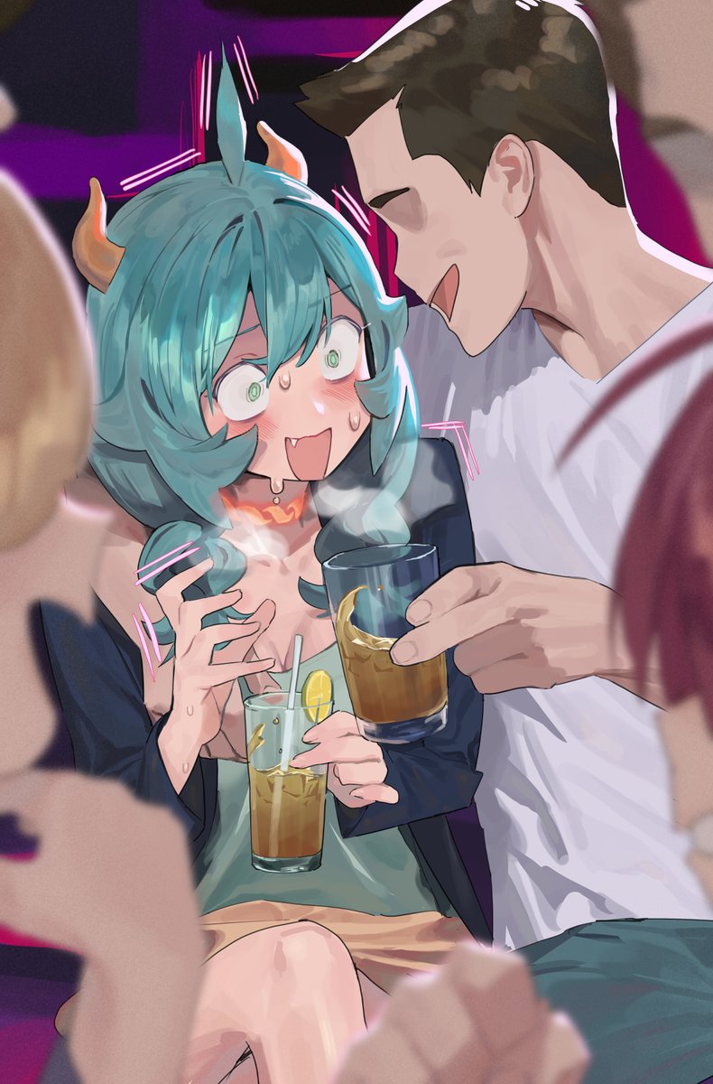 multiple boys fang open mouth horns green eyes cup aqua hair  illustration images