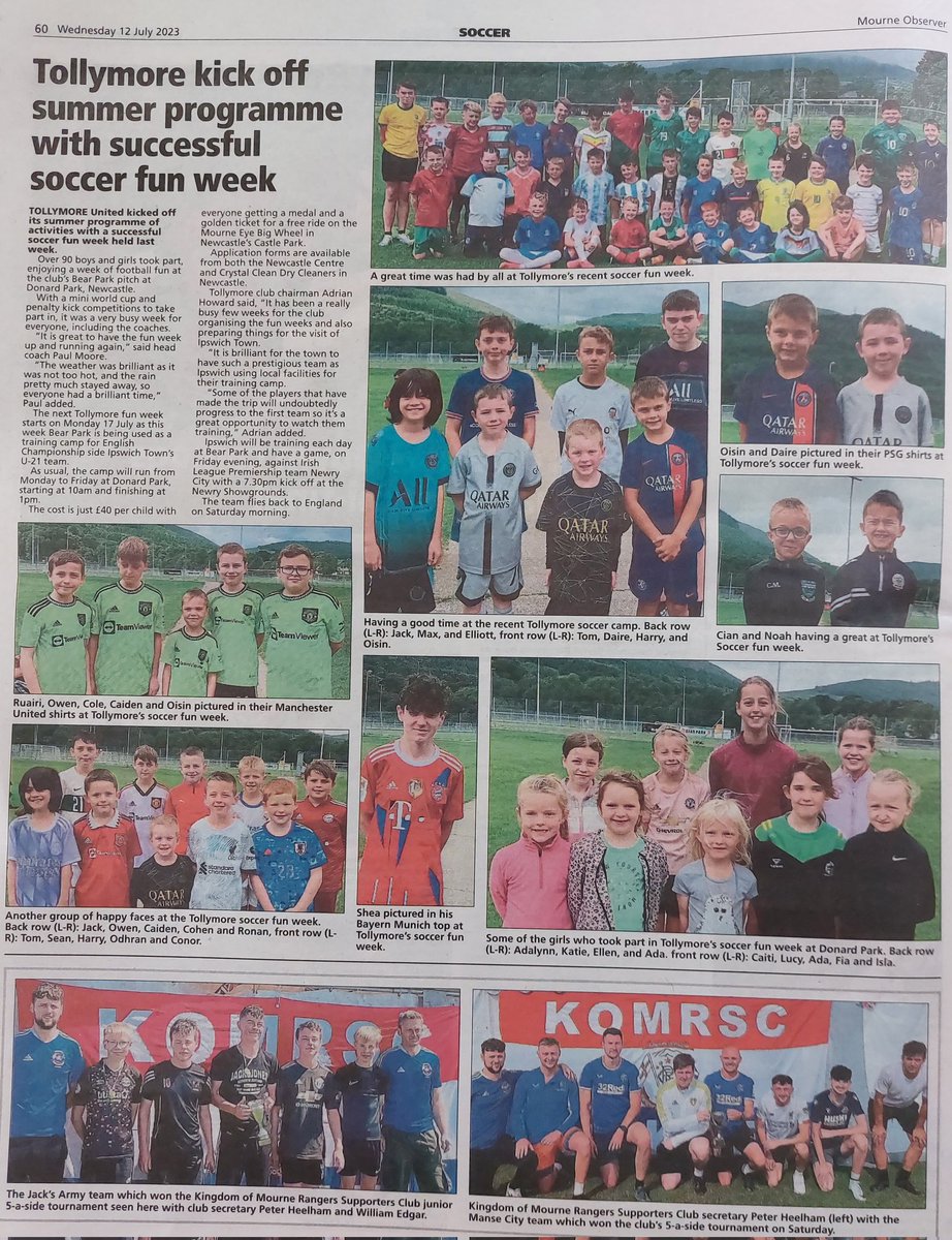 Coverage of our first soccer fun week in @MourneObserver and week 2 starts on Monday at Donard Park. Registration from 9:30am and cost just £40 for the week
