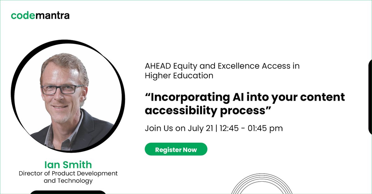 2 days to go for the AHEAD Equity and Excellence Access in Higher Education event! Register today! Click on the link to go to the registration page: info.codemantra.com/Ahead-Equity-2…
#accessibility #ArtificialIntelligence #highereducation