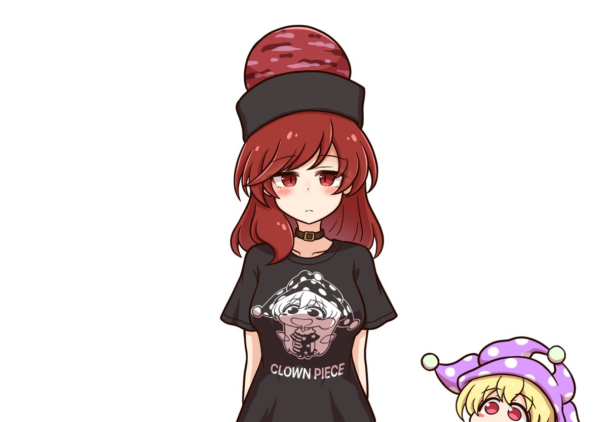 clownpiece ,hecatia lapislazuli shirt red hair red eyes multiple girls 2girls hat white background  illustration images