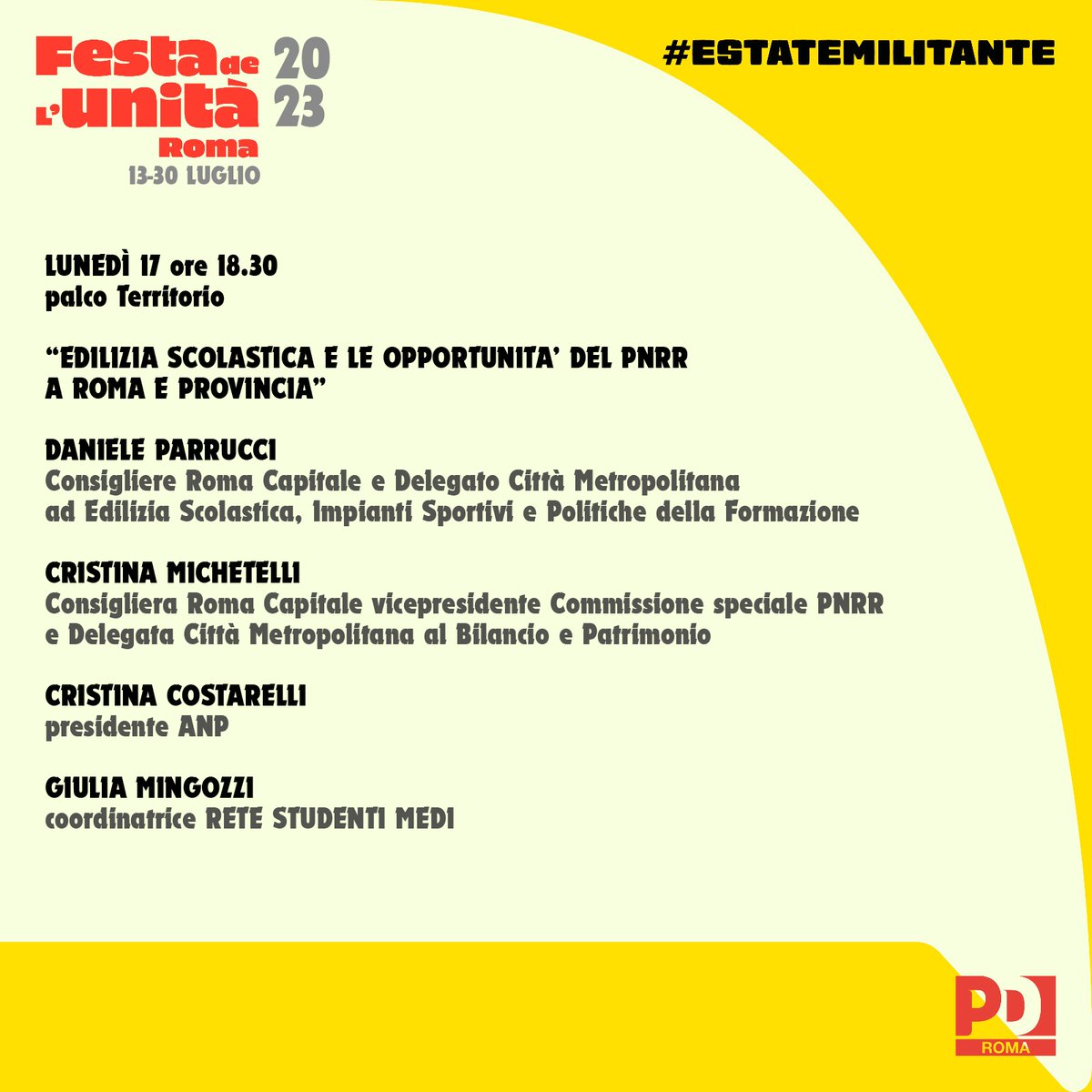 Vi aspetto lunedì 17 alle 18.30 alla Festa de L'Unità, nell'area delle Terme di Caracalla. 
Parleremo di edilizia scolastica e opportunità del Pnrr a Roma e Provincia #estatemilitante