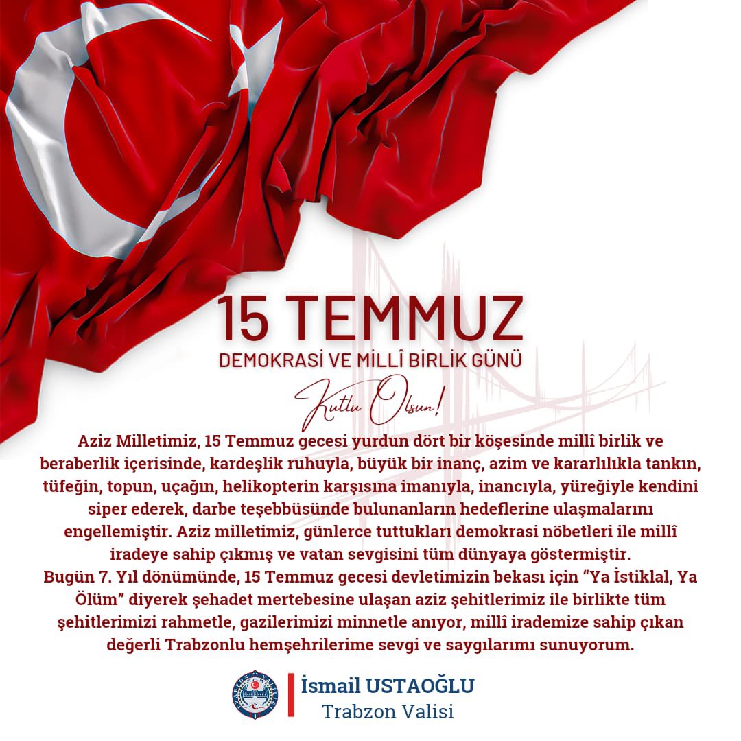 valiustaoglu's tweet photo. 15 Temmuz Demokrasi ve Millî Birlik Günümüz mübarek olsun. 🇹🇷 https://t.co/KcQSq7YEdw