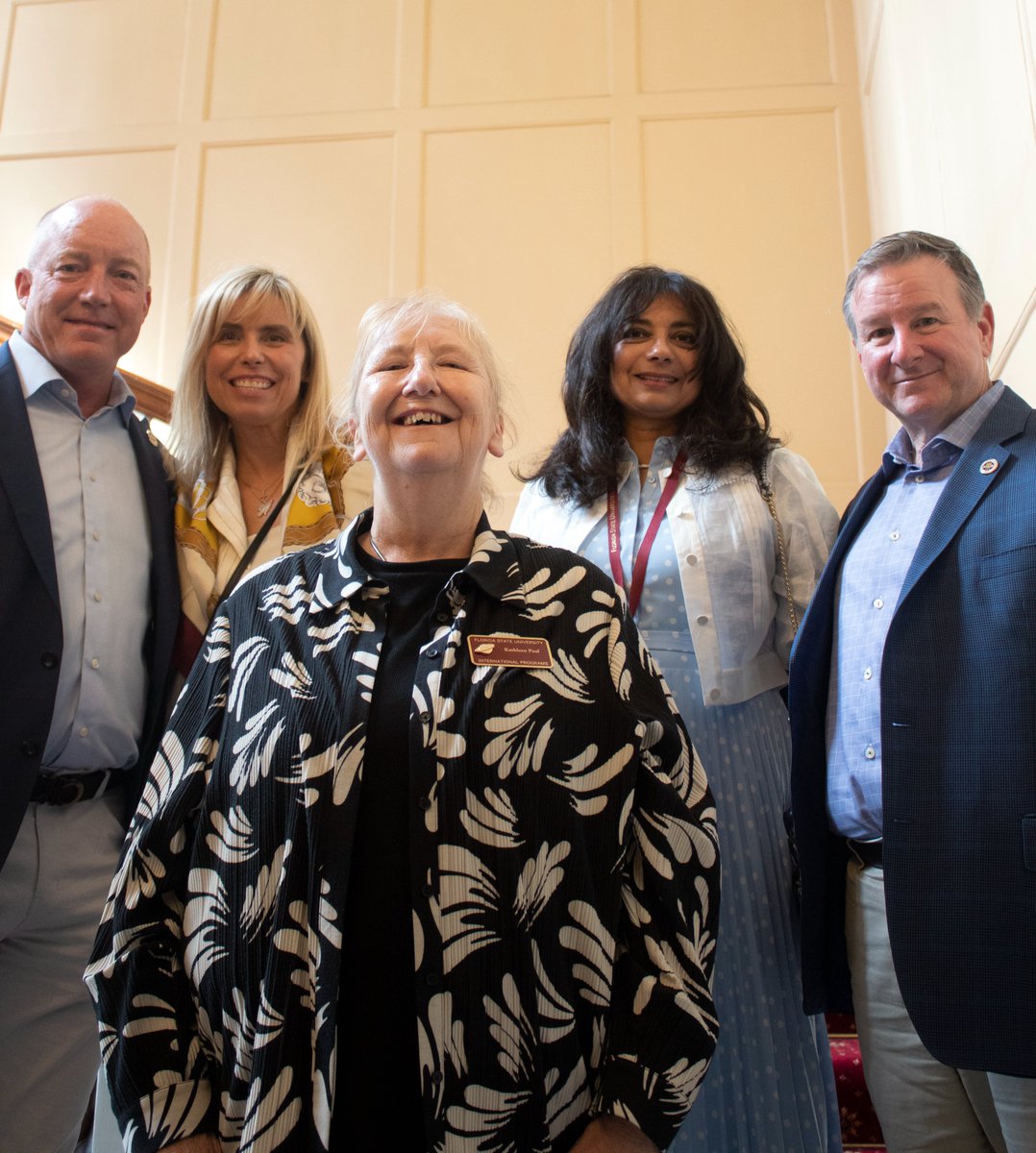 PresMcCullough's tweet photo. Jai and I, along with FSU Board of Trustees Chair Peter Collins and @FSUIP Board member Jennifer Collins, enjoyed meeting students, faculty, staff and director Kathleen Paul at the impressive London Study Center, one of the crown jewels of FSU’s international programs. #FSUGlobal https://t.co/DzypnYOG8R