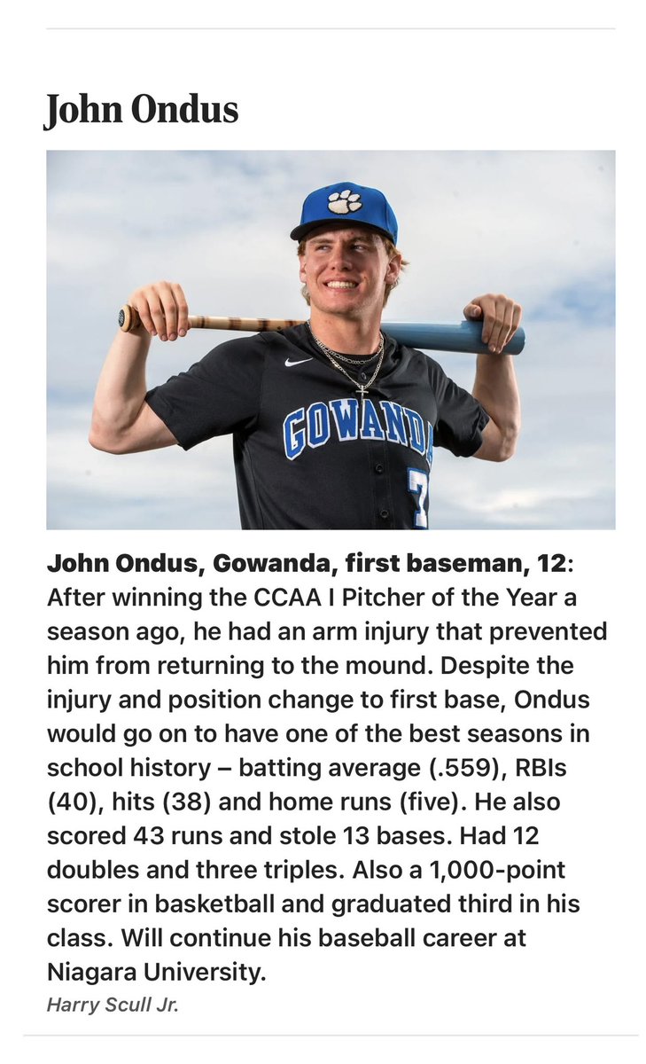 gowandabaseball's tweet photo. Congratulations to John Ondus on his ALL WNY Selection 
@Jondus20 @gowandasports @GowandaCSD https://t.co/1gRUcOE1rO
