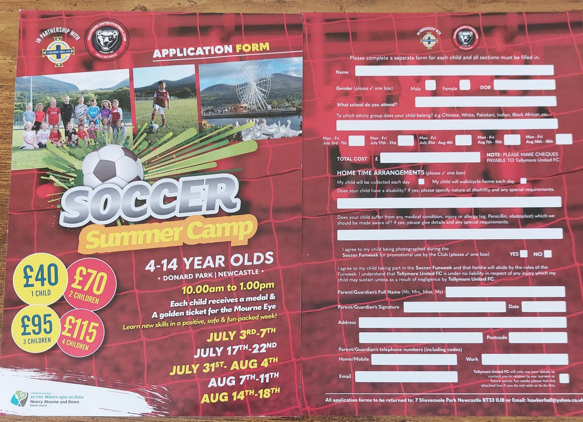 After a brilliant first week our second soccer camp starts this Monday (17 July) - just £40 for the week with discounts for additional siblings. Registration from 9:30am at Donard Park. Everyone gets a medal and free ticket for the Mourne Eye at the end of the week!