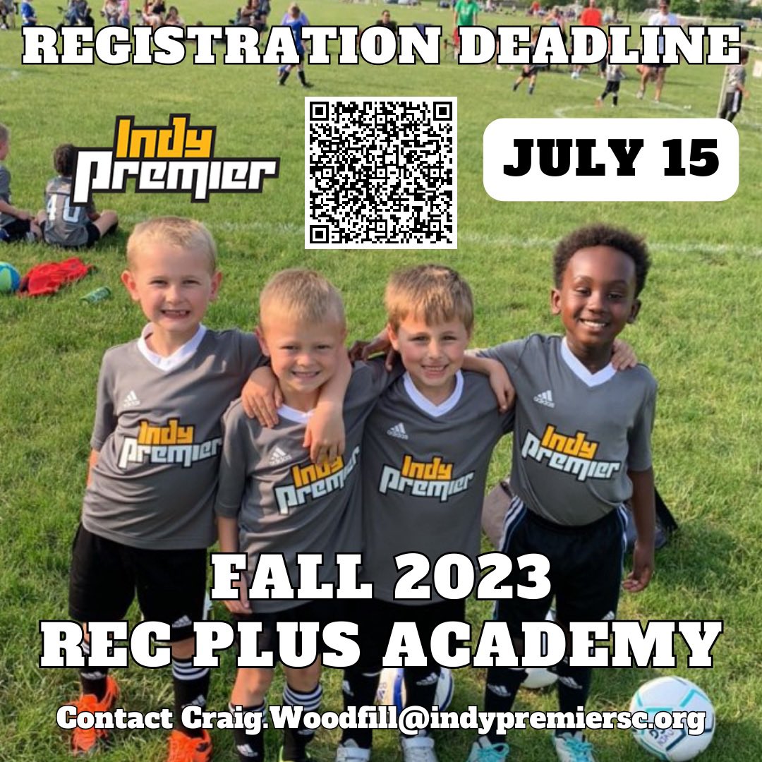 IndyPremierSC's tweet photo. 🚨Fall ‘23 RPA Deadline🚨 TODAY is the day so scan the code and get registered! Contact Craig.woodfill@indypremiersc.org with questions. #deadlineday📝 #scanthecode👆 #recplusrules https://t.co/OZJII3enKX