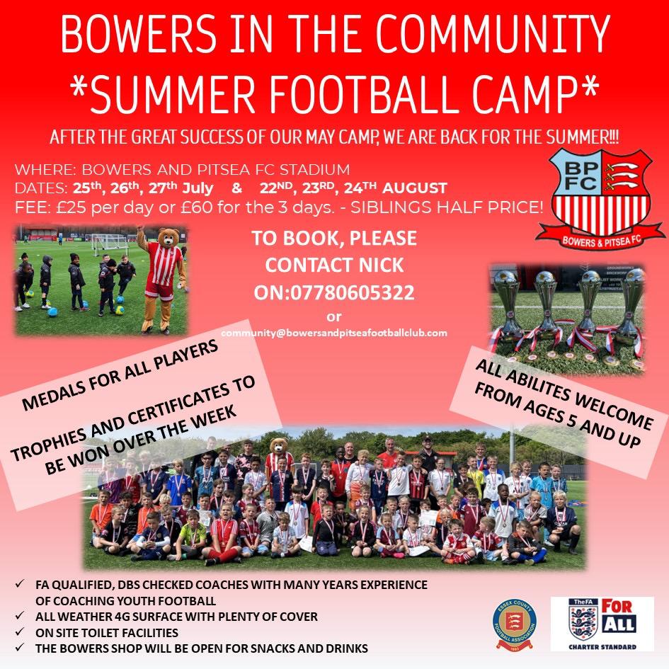 BandPCommunity's tweet photo. We are fast approaching the six weeks holidays and our Summer Football Camp. See details below and contact Nick to book on. #BowersCommunity #Basildon #UpTheBowers https://t.co/HRfSJpdvuI