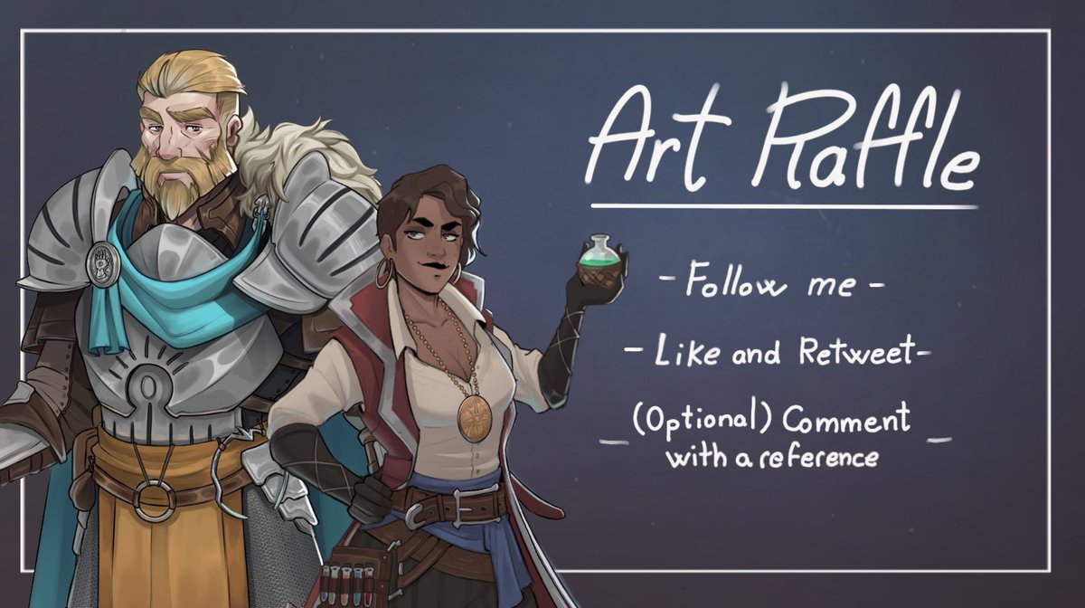 ✨⚔️ART RAFFLE!⚔️✨
Since I’m closer to 2k, I wanna do an art raffle for you all

The prize is half body piece of your character!

To enter:
✨Follow me
✨RT + Like
✨Bonus: Comment with your character (optional)
✨The raffle ends at the end of august!
