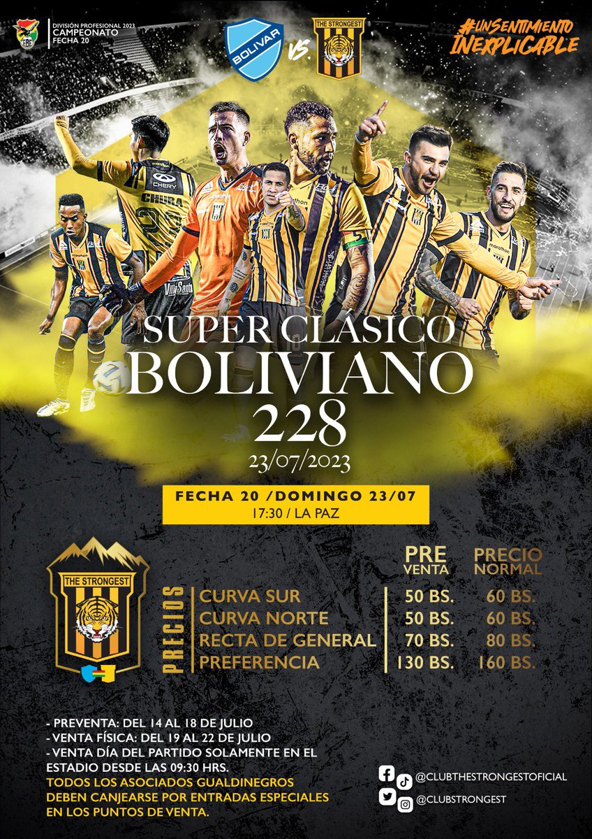 ClubStrongest's tweet photo. 🐅Se acerca el evento más esperado de la temporada, ¡el Superclásico Boliviano!
Las entradas están disponibles en la plataforma Todotix. https://t.co/hya83o97rn

Asegura tu lugar para este esperado duelo y forma parte del rugir de nuestra hinchada. 

#SuperclásicoBoliviano https://t.co/pvzLHPPkbA