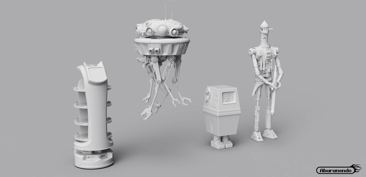 Ani_Kuzunishi's tweet photo. これまでにモデリングしたロボットの類を並べてみるテスト。
#StarWars #IG88 #Gonk #ProbeDroid #bellabot #Fusion360 https://t.co/drG2Dj3rTT