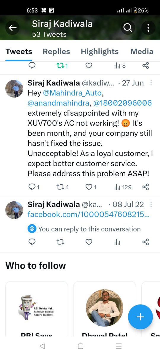 kadiwala's tweet image. @anandmahindra "Disappointed with my new XUV700's AC issue. Visited the service center 4 times, but the problem remains unresolved.,can you please assist in resolving this persistent issue? #ACProblem #CustomerService"