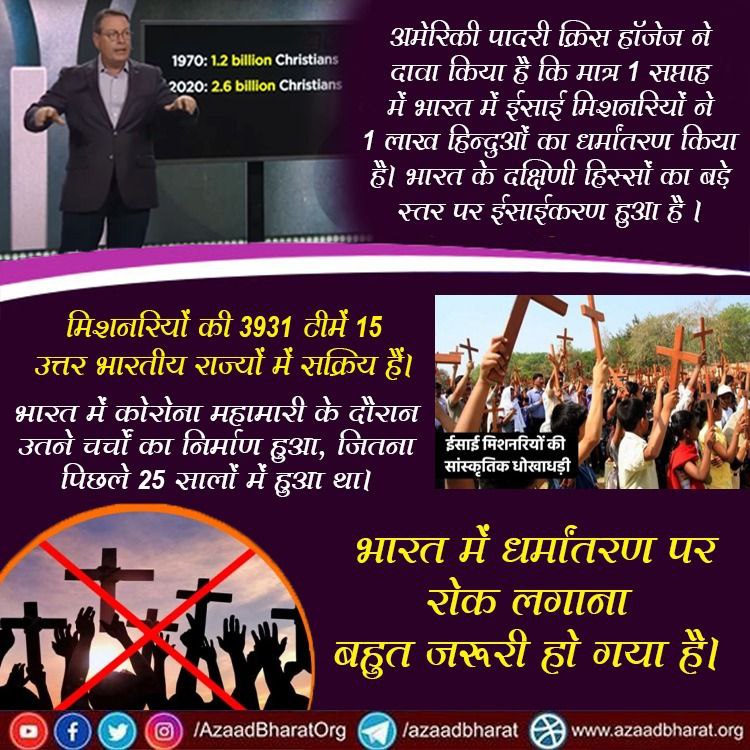 #Breaking: अमेरिकी पादरी Chris Hedges का दावा !! 1 सप्ताह में भारत में ईसाई मिशनरियों ने 1 लाख #हिन्दुओं_का_धर्मांतरण किया है। भारत के दक्षिणी हिस्सों का बड़े स्तर पर ईसाईकरण हुआ है।
भारत में धर्मांतरण पर रोक लगानी चाहिए।

पूरी पोस्ट👇
wp.me/p9eZI3-26E
