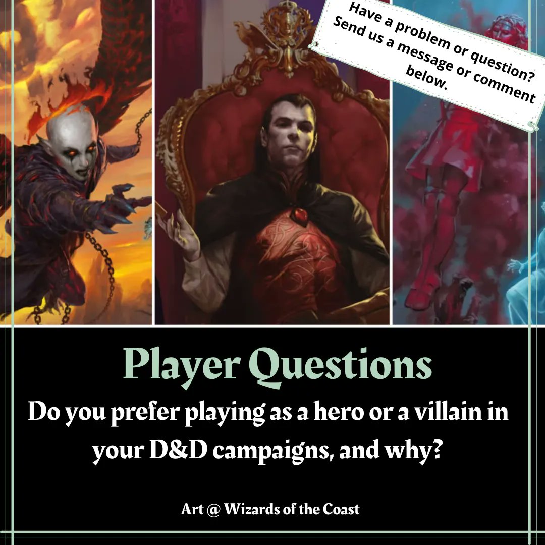 M_DiceGoblin's tweet image. Do you prefer playing as a hero or a villain in your D&D campaigns, and why?
#dungeonmastertips #dungeonmastersguide #dungeonmasteradvice #dndcampaign #dungeonmaster
