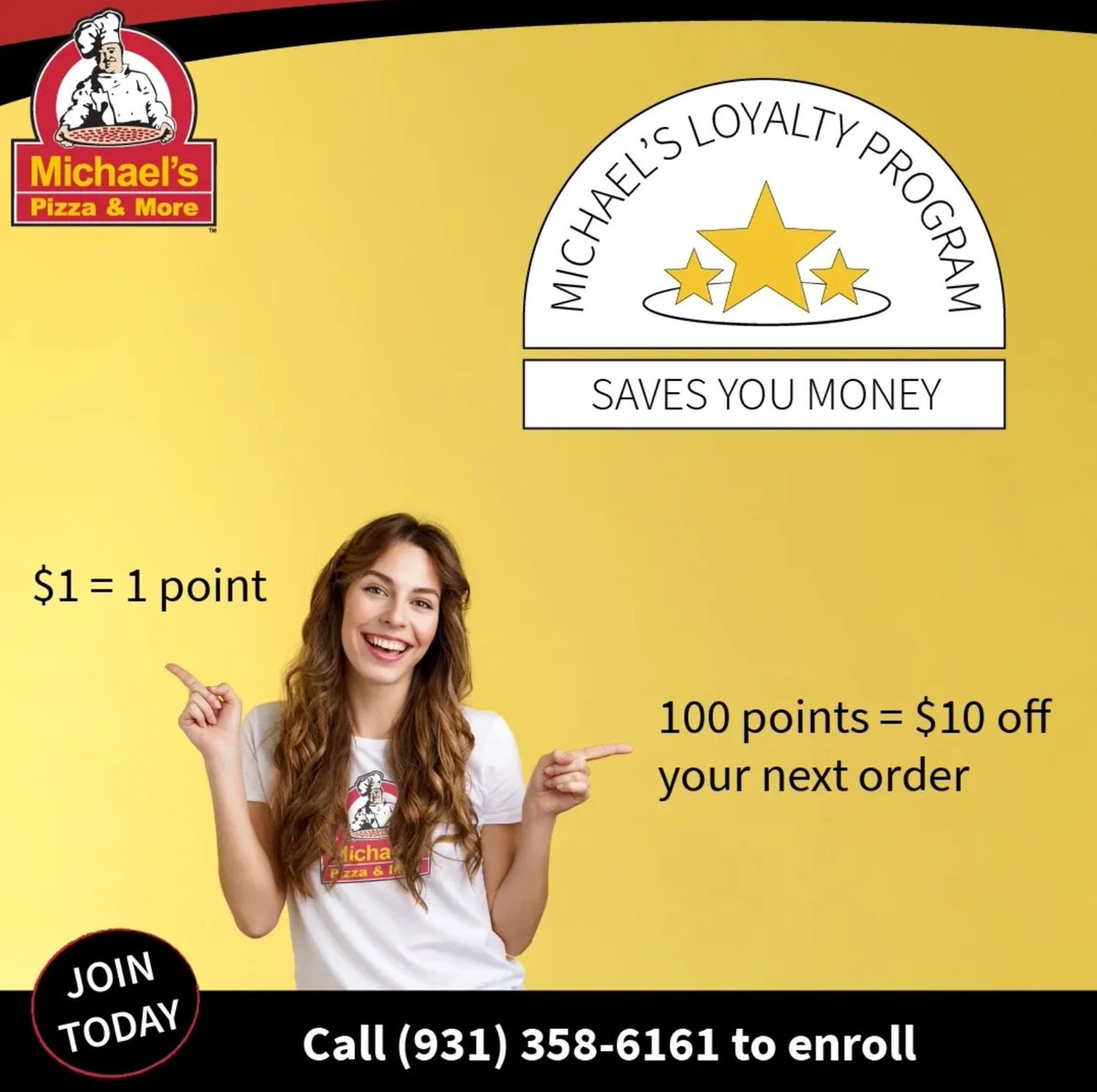 MichaelsPizzaTN's tweet photo. Make every order count. Join our loyalty program and enjoy the benefits every time you eat our food! Call us -- we are happy to sign you up. (931) 358-6161 https://t.co/QKahqcE7wa