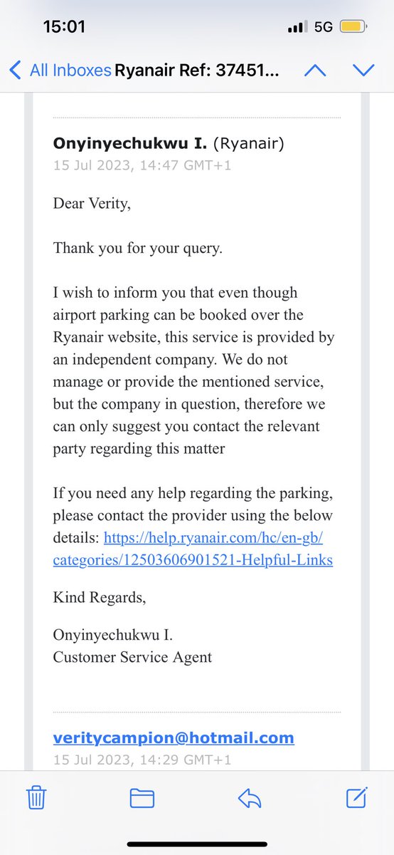 veritylmitchell's tweet photo. Brilliant service from @Ryanair as usual. Total lack of responsibility for the ‘additional extras’ they offer when booking flights. No sign of parking at Leeds Bradford so we had to pay AGAIN to park on the day. Disgraceful. https://t.co/nFM9CltErW