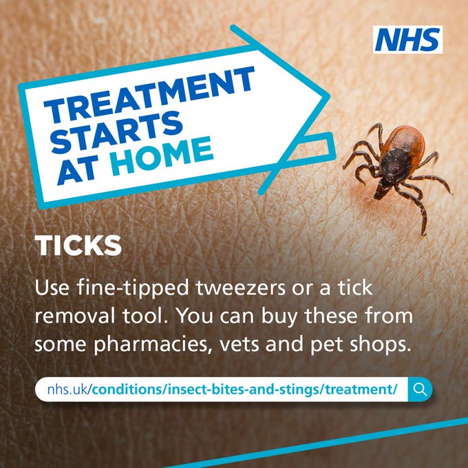 NHS graphic shows a picture of a tick on skin. Text says: Treatment starts at home. Ticks. Use fine-tipped tweezers or a tick removal tool. You can buy these from some pharmacies, vets and pet shops. Visit nhs.uk/conditions/insect-bites-and-stings/treatment/