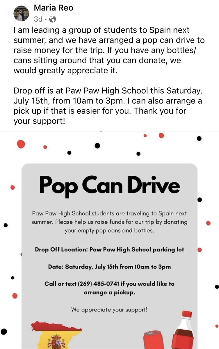 LoriKayReo's tweet photo. Today is the day.  If you have any pop cans you’d like to donate to these Paw Paw High School students stop by the high school. https://t.co/agOOJs6EVc
