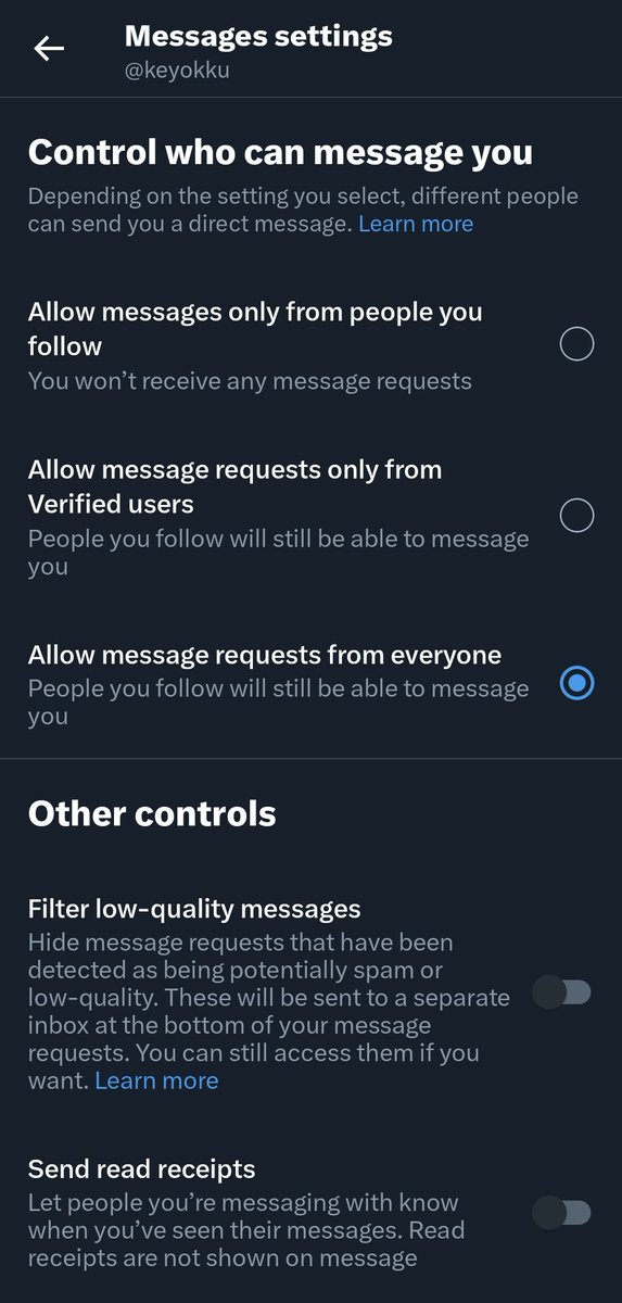 keyokku's tweet photo. ⚠️ATTENTION ARTISTS⚠️

twitter has sneakily made DMs (DM requests) verified only by default. Some people have not been able to change the setting and are missing the info on the bug fix. Please share this 

change it by:
1. settings ➡️ privacy ➡️ DMs
2. changing it to PEOPLE YOU FOLLOW first, leave the page
THEN
3. return to the setting, change it to EVERYONE after 

this is a bug fix. it will not save otherwise and turn back to verified atm.

people have been sharing this issue and then not knowing how to fix it and didn't see updates and amendments to these tweets

Let's share this one instead to clarify the miscommunication