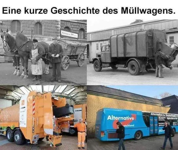 ElkeKroells's tweet image. #Bildbeschreibung #sehbehindert 

Eine kurze Geschichte des Müllwagens

4 Bilder 

1x Pferdekutsche
1x geschätzt so um 1940 Lastwagen
1x der typische und aktuelle &quot;orange&quot; Müllwagen 
zu guter Letzt AfD Bus

#wirsindmehr