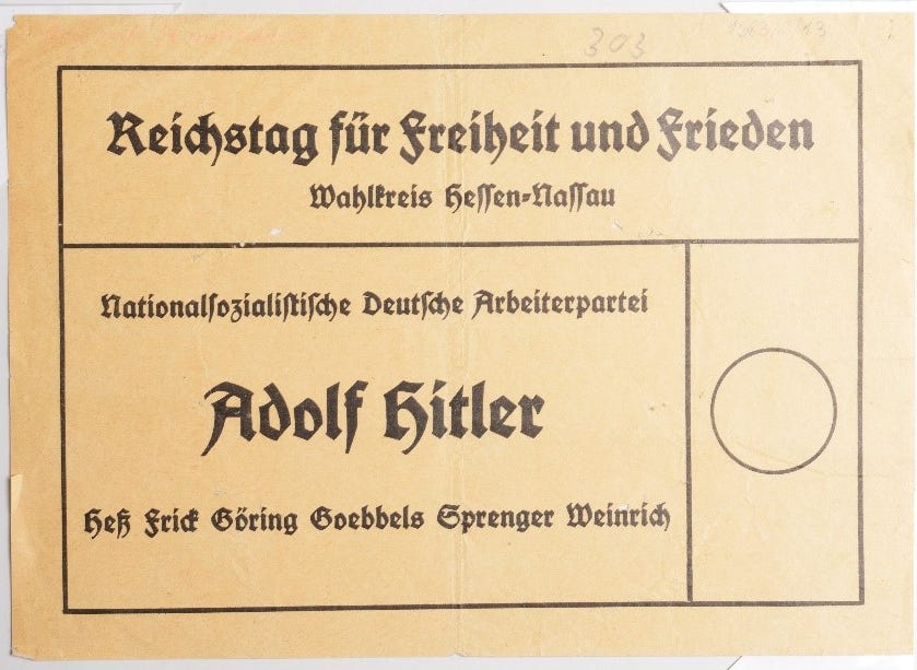 hoyer_kat's tweet photo. What 'voting' looks like in a dictatorship...
A ballot paper from the German parliamentary election in 1936, which gave voters only one choice.

One of many fascinating items currently on display @wienerlibrary 
More in ZEITGEIST 👇
https://t.co/MmpaJcmjNB https://t.co/sLGwVMUDjw