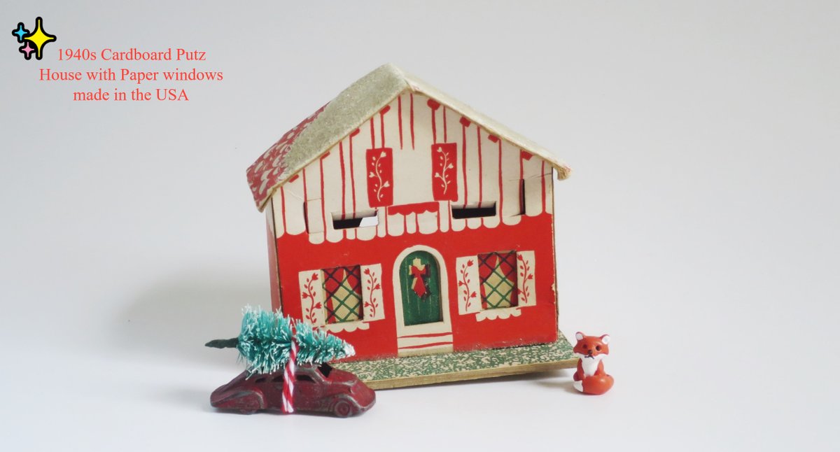 1940s Putz House made of cardboard wth s litho  pebbled walkway and paper windows. This set includes a mini #Tootsietoycar & tiny bottlebrush tree. Set available > 
bit.ly/SO11Vintage Prep early with the SMILE team Sale #SMILEtt23 #CIJ #SMILEttCIJ #XmasInJulySale.