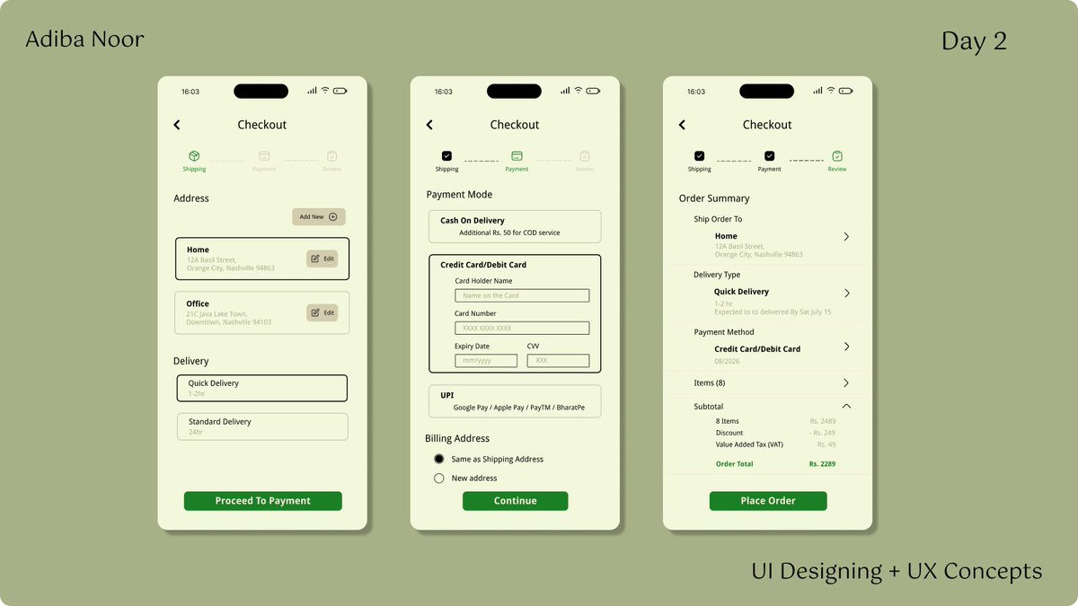 AdibaNoor003's tweet image. Day 2/n 
Checkout Flow and element Placement &amp;amp; Spacing

n Day Design-a-thon

Please do give feedback for improvement🙌 
#designchallenge #publiclearning #exploring #design #uiux