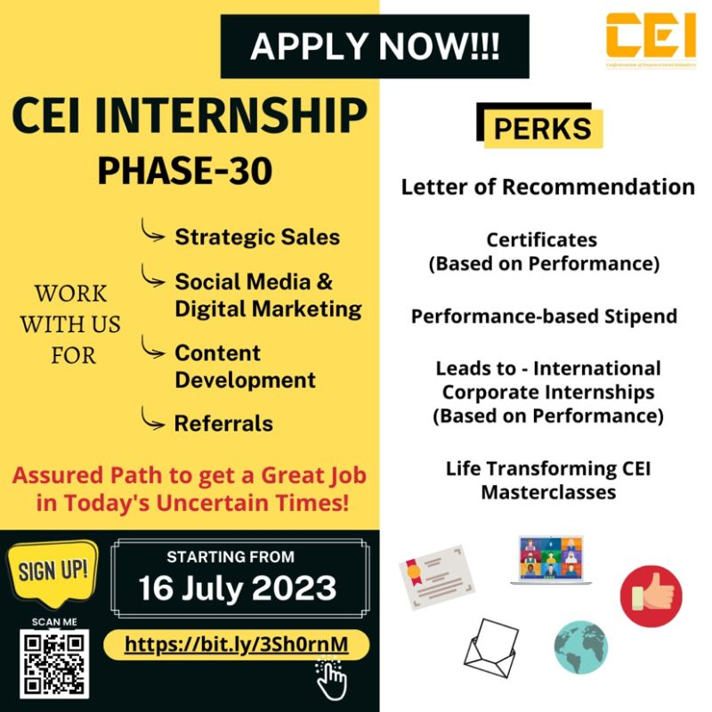 ✨Starting tomorrow!!!✨

CEI Internship - Phase 30... open to students from all years and domains.

Apply now to become a '𝐏𝐫𝐨𝐣𝐞𝐜𝐭 𝐄𝐦𝐩𝐨𝐰𝐞𝐫𝐦𝐞𝐧𝐭 𝐈𝐧𝐭𝐞𝐫𝐧 | 𝐂𝐄𝐈'

Application Link: bit.ly/3Sh0rnM

#internshipalert #internship #students