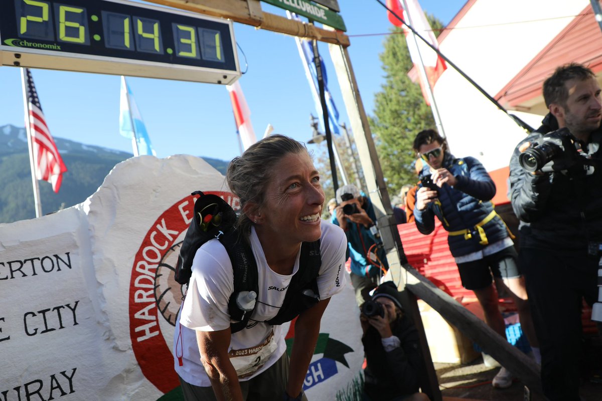 Courtney Dauwalter (Salomon) wins the 2023 Hardrock 100 in 26:14:08, finishing 4th overall. This shatters the women’s counterclockwise course record of 27:18:24 set by the legend Diana Finkel in 2009, and the overall women’s record of 26:44:36 that she set last year. #HR100