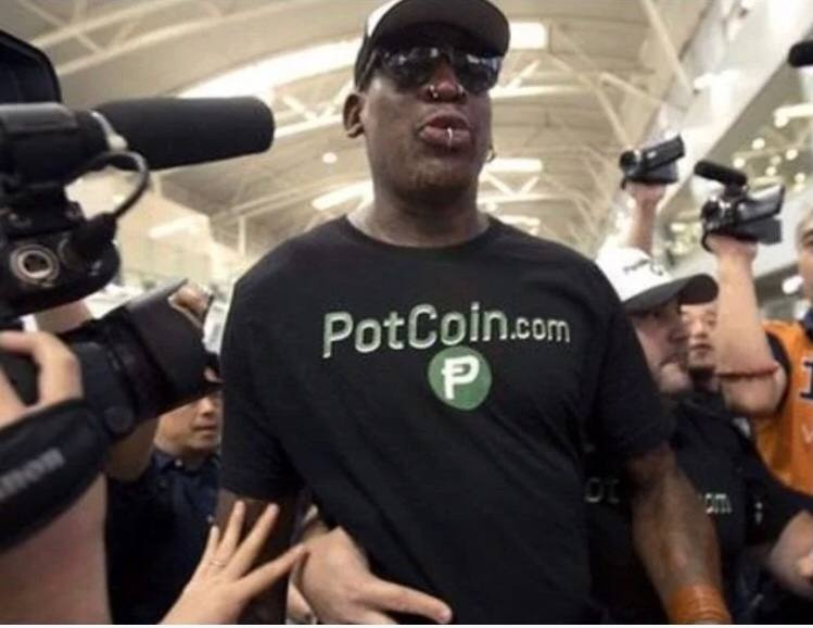 RoaringAuctions's tweet image. Lot 2, "POTCOINER" from Collection #Memorychain with No Reserve (Dennis Rodman wore a PotCoin.com tee shirt to North Korea in 2017!)