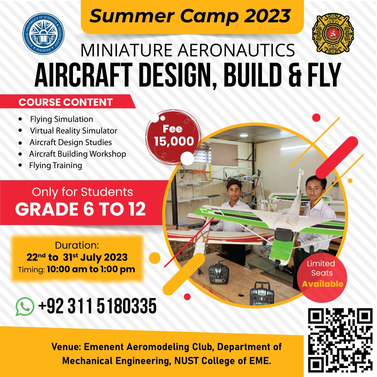 mjunaid335's tweet photo. 🚀 Calling young aviation enthusiasts! 📷 Ignite your imagination this summer with an exciting aeromodelling training at NUST College of E&amp;ME. #aeromodellingclub #summercamp2023 #aviationeducation #nust #aviation #aircraft #engineer #aviationenthusiast #aviationeducation https://t.co/etW5KyF6TM