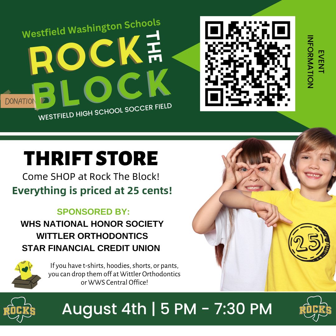 Join us at Rock The Block Aug 4.  Bring your quarters to shop the thrift store!  E
☘️Donation for t-shirts, sweatshirts, shirts, and pants are needed!
💚Donations can be dropped at Wittler Orthodontist. #rocktheblock2023