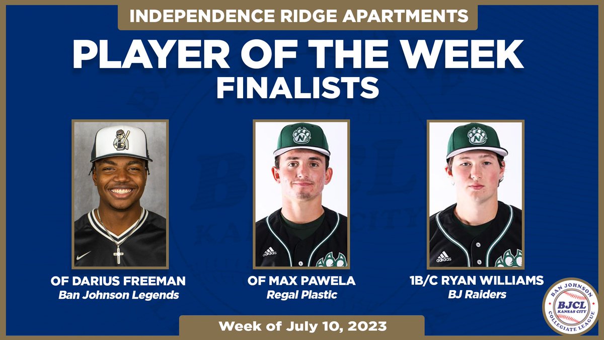 Congrats to our Independence Ridge Apartments #BJCL Player of the Week finalists!    

☑️ OF <a href="/dariusfreeman11/">Darius Freeman</a> (<a href="/UNOHRacers/">UNOH Racers</a>) - Ban Johnson Legends
☑️ OF <a href="/maxpawela/">Max Pawela</a> (<a href="/NWBearcatBSB/">Northwest Baseball</a>) - Regal Plastic
☑️ UT <a href="/rwilliams2021/">Ryan Williams</a> (<a href="/NWBearcatBSB/">Northwest Baseball</a>) - <a href="/BJRaiders/">#RaiderNation</a>  

Look for our winner on Sunday...