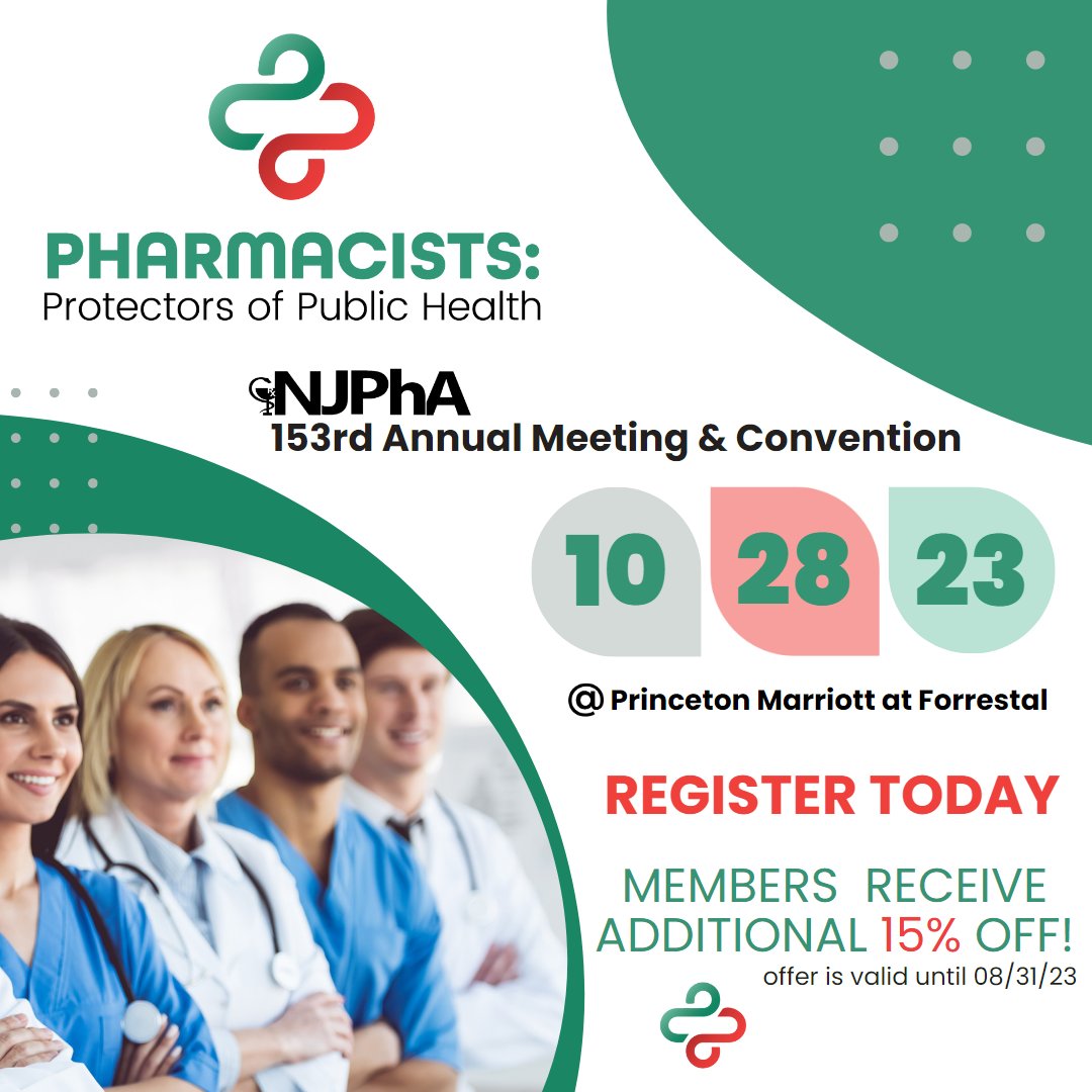 Registration for our #153rdAnnualMeetingConvention is now open! Our early Bird special: Members receive additional 15% off to their already reduced prize! REGISTER HERE: conta.cc/46Qe9q0 We can’t wait to see you there! #PharmacistsProtectorsOfPublicHealth #NJPhA