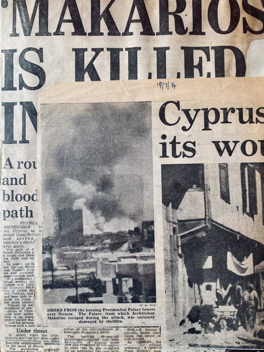 LobbyforCyprus's tweet photo. #OTD 15 July 1974. Coup sponsored by Athens junta attempts to overthrow #Cyprus government. President Makarios rumoured to have been killed. 5 days later #Turkey uses coup as pretext to implement pre-existing plan to invade, occupy and ethnically cleanse 36% of Republic of Cyprus https://t.co/aQGKcjxooo