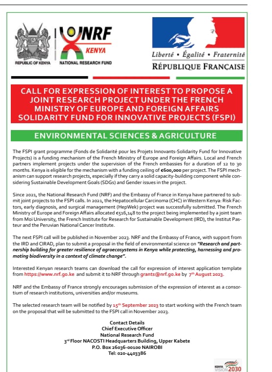 nrfkenya's tweet photo. #CallAlert Here is a new call for expression of interest to propose a joint research project under the French Ministry of Europe and Foreign Affairs Solidarity Fund for Innovative Project (FSPI). Visit https://t.co/NIPztnDW8A #nrfke #researchfunding https://t.co/ZLBMbNEB0d