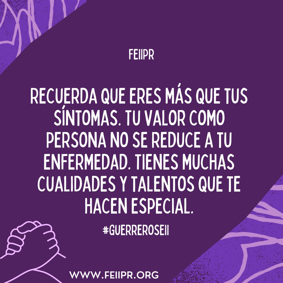 FEIIPR's tweet photo. 💜 Recuerda que eres más que tus síntomas. Tu valor como persona no se reduce a tu enfermedad. Tienes muchas cualidades y talentos que te hacen especial. 💜
 #FEIIPR
#GuerrerosEII
#HeroesEII
#ColitisUlcerosa
#EnfermedadDeCrohn
#CrohnWarrior https://t.co/LHBJ0BXaus