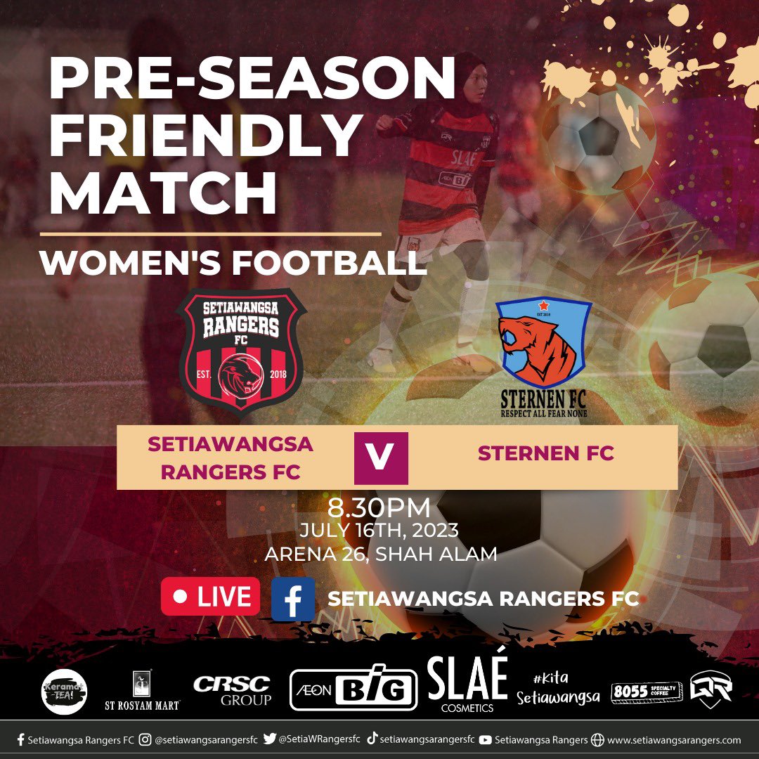 Pre-Season KLWSL2023
Friendly Match

Setiawangsa Rangers FC vs Sternen FC

Date : 16/07/2023 (Sunday)
Time : 8.30 PM
Field : Arena 26

Live FB Setiawangsa Rangers FC

#KitaSetiawangsa #setiawangsarangers #setiawangsarangersfc #womensfootball #bolasepakwanita #wanita #malaysia