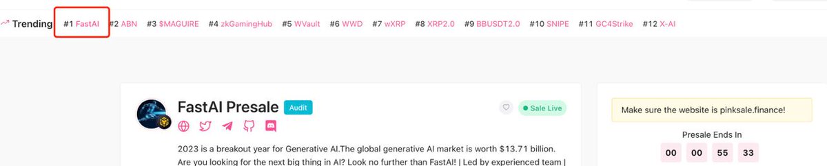 FastAI2023's tweet photo. Pinksale trending top 1 🔥🔥🔥🔥 https://t.co/jF0HZzUOUS