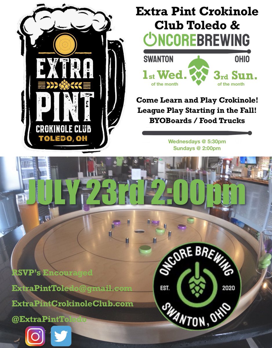 ExtraPintToledo's tweet image. Tomorrow is the 3rd Sunday of the month but I won’t be there until July 23rd. Stop by anyway and play on Oncore Brewing’s boards tomorrow and come see me on the 23rd. #crokinole