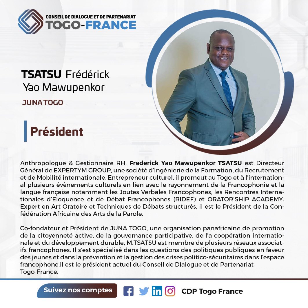 CdpTogoFrance's tweet photo. Nous sommes heureux de vous présenter brièvement le président du Conseil de Dialogue et de Coopération Togo-France. Avec son élection récente, il entame un nouveau mandat prometteur pour renforcer les liens entre nos deux pays.
@Franceautogo #cdptogofrance https://t.co/YWMzVq7dUQ