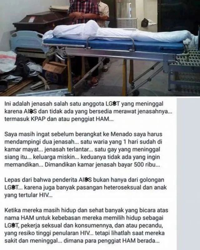 Homo, lesbi, they , them, dan si paling humanis pro lgbt, udah urusan ginian mah pura2 sibuk semua, akhirnya yg ngurus jenazah adalah orang2 yg kalian sebut bigot, konservatif, intoleran, transphobic, fasis...pret! humanis kalian hanya manis dipantat! #bakarbenderapelangi