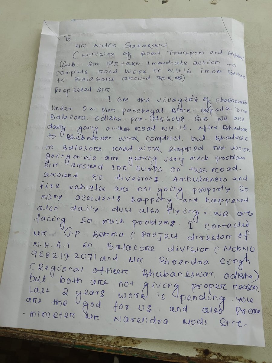 dmpnda's tweet photo. @nitin_gadkari ji.. this is the letter from the villagers of Khantapada village wherein we are facing huge crisis for NH construction between Bhadrak and Balasore, it is leading to many accidents and road mishaps as the project is delayed by years as the contractor is incapable.. https://t.co/I02Adzcc7a