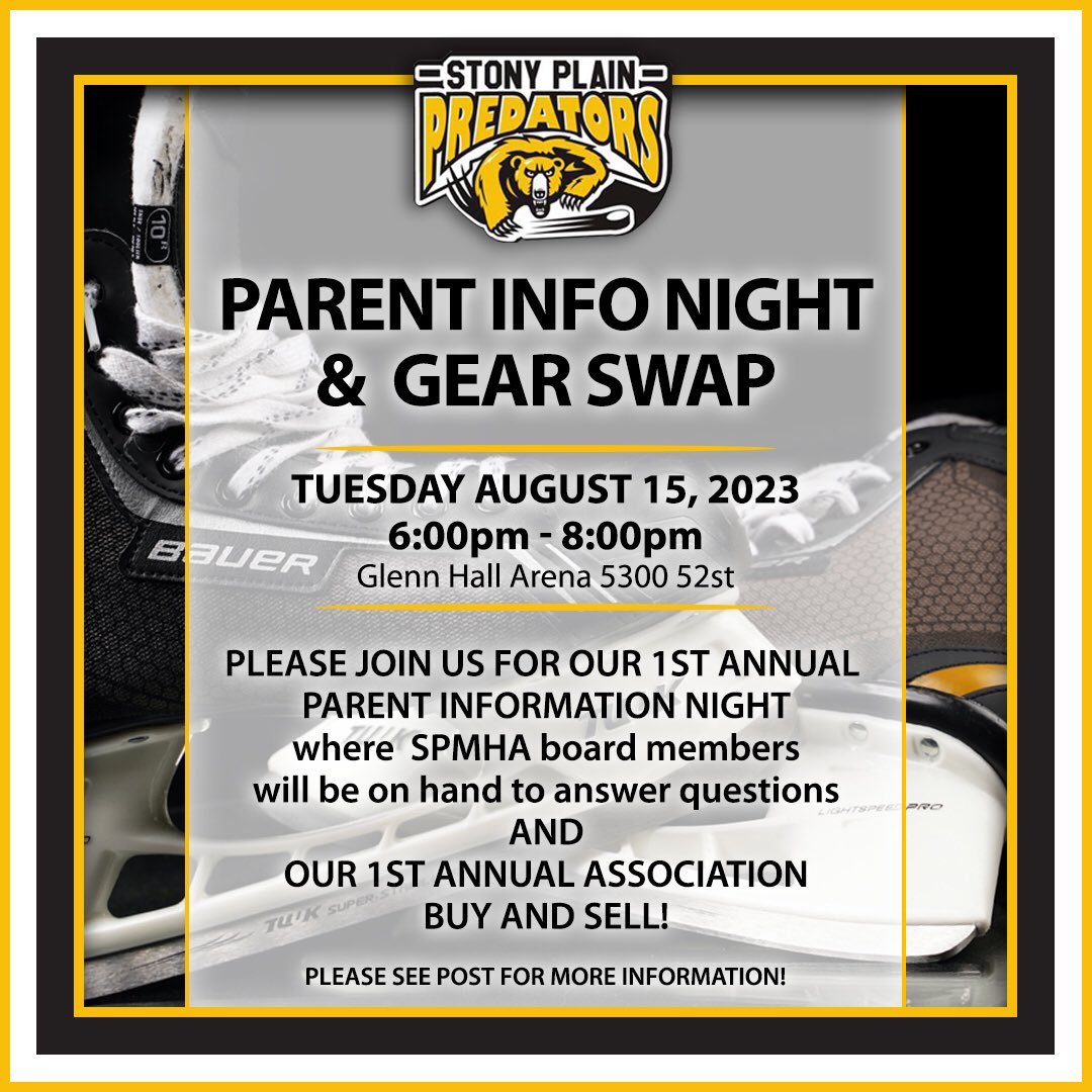 SPMHA_Predators's tweet photo. You're invited to our 1st Annual Parent Information Night &amp; Gear Swap! Come meet the board, check out sale tables, &amp; buy some Preds Swag! Tue, Aug 15 6-8 pm 
Glenn Hall Arena. If you would like to sell your used gear please go to https://t.co/9zd4xVWsM0 to register. #spmha_preds https://t.co/O3BSCwOxYh