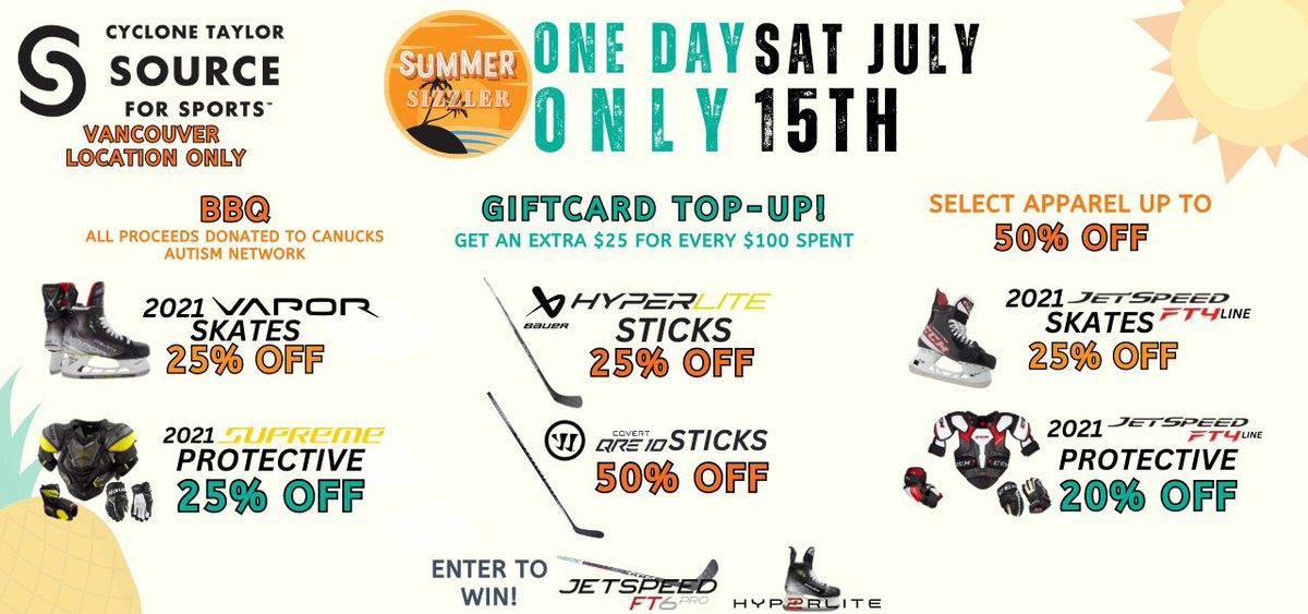 ❗️EVENT ALERT❗️ TODAY is our #Vancouver sidewalk sale, 10am - 5pm! - $2,800 in giveaways, including #Hyperlite2/#FT6Pro skates - SAVE 20-25%+ on discontinued #hockey equipment - BBQ lunch (by donation, @canucksautism) Will we be seeing you? 😎 Link: conta.cc/43u5BCi