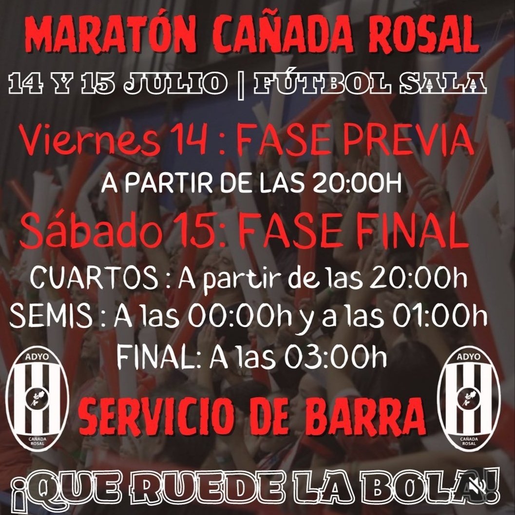 Maratón ##futbolsala #CañadaRosal 2023.
14 y 15 de Julio.
Un gran Maratón, y lo sabes 👉