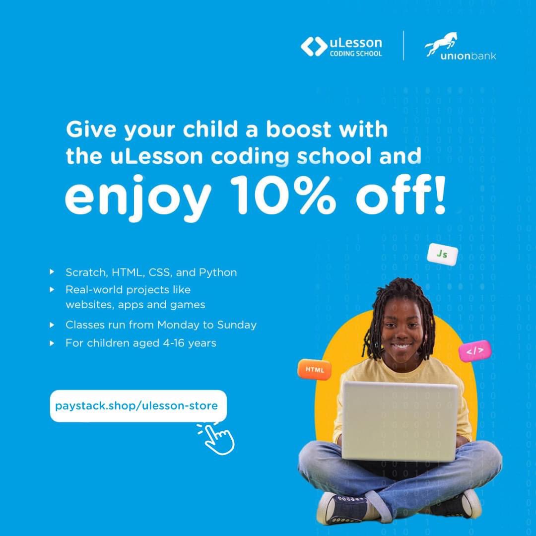 UNIONBANK_NG's tweet photo. Give your child a headstart with exciting learning from uLesson!
Get 10% off coding school at uLesson when you pay with your Union Bank debit card. Visit: https://t.co/b3yFGjisbJ to get started.
#YourSimplerSmarterBank #UnionBank #ULesson #DiscountSaturday #Education https://t.co/kZfySNxumg