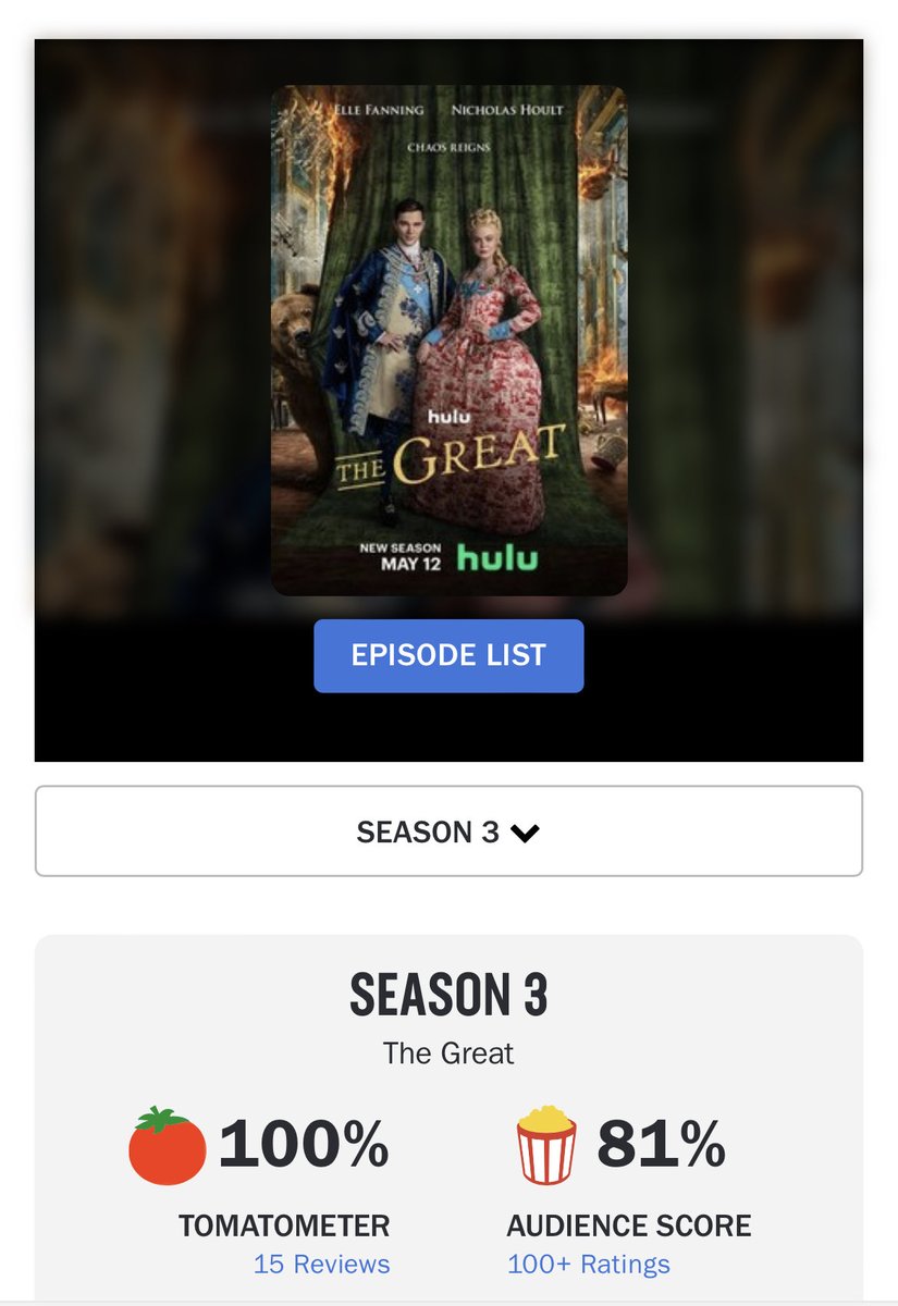 Very happy that Season 3 of The Great has 100% from the critics on Rotten Tomatoes! Huzzah!