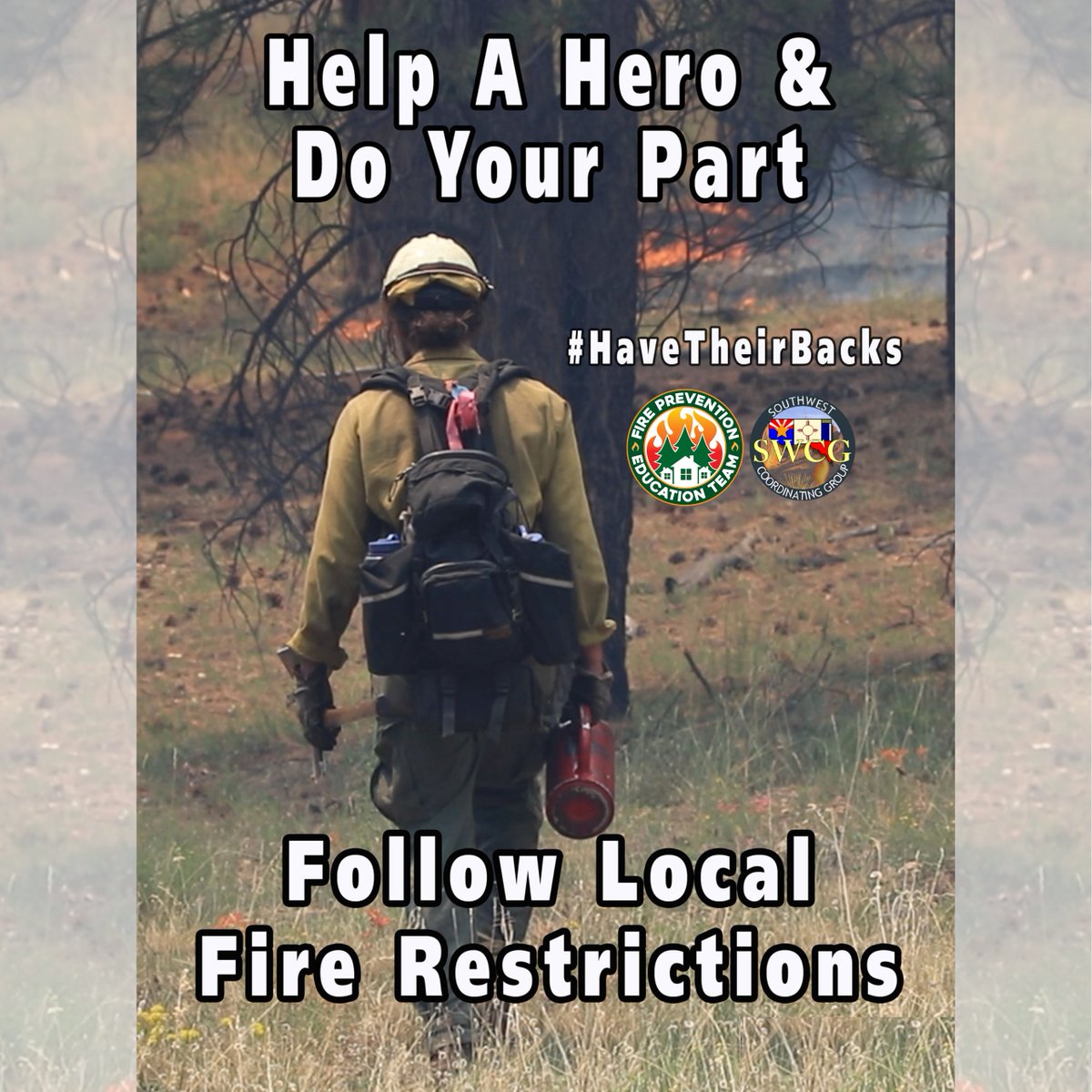 FirePrevTeam's tweet photo. Please take time to visit https://t.co/fE9ZqxsfAj to check for current fire restrictions. By doing your part to prevent wildfires, we can keep our firefighters out of harms way.
#HaveTheirBacks #FirePrevention #OneLessSpark
#FireYear2023 https://t.co/n4asHA5bOc