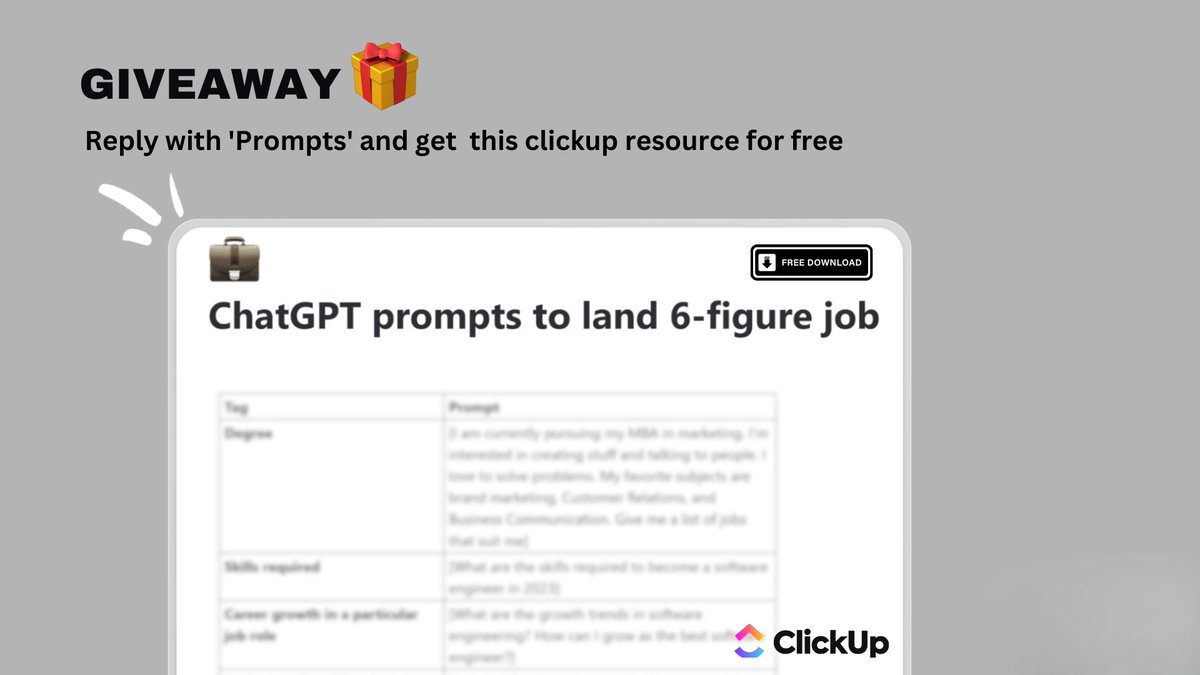 SarahhBurner's tweet photo. ChatGPT is a free employee. 

It can even help you land 6 figure job 

I have compiled all the prompts you can use to land a high salary job

And for 24 hours, it's FREE

1. Follow me (so I can DM you)
2. RT this tweet
3. Reply "job " https://t.co/YEpNn4aBbd